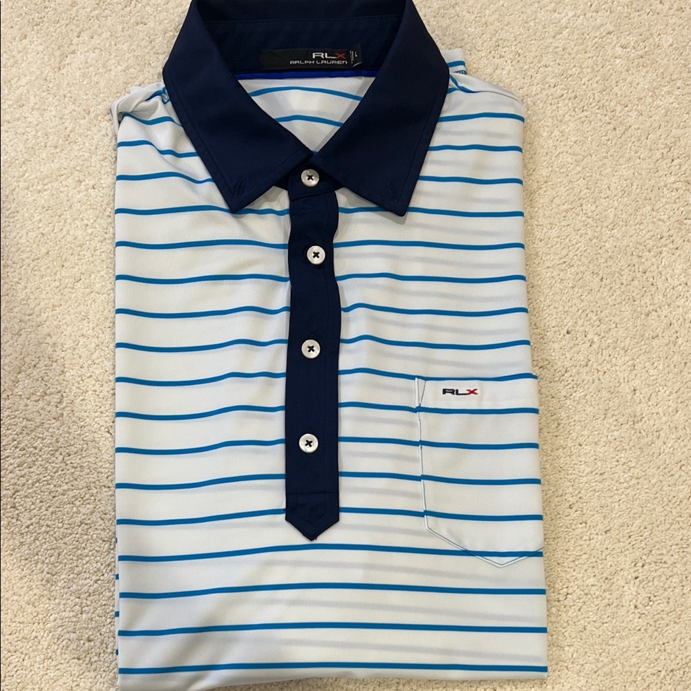 RLX Ralph Lauren White Polo with Blue Stripes and Navy Trim